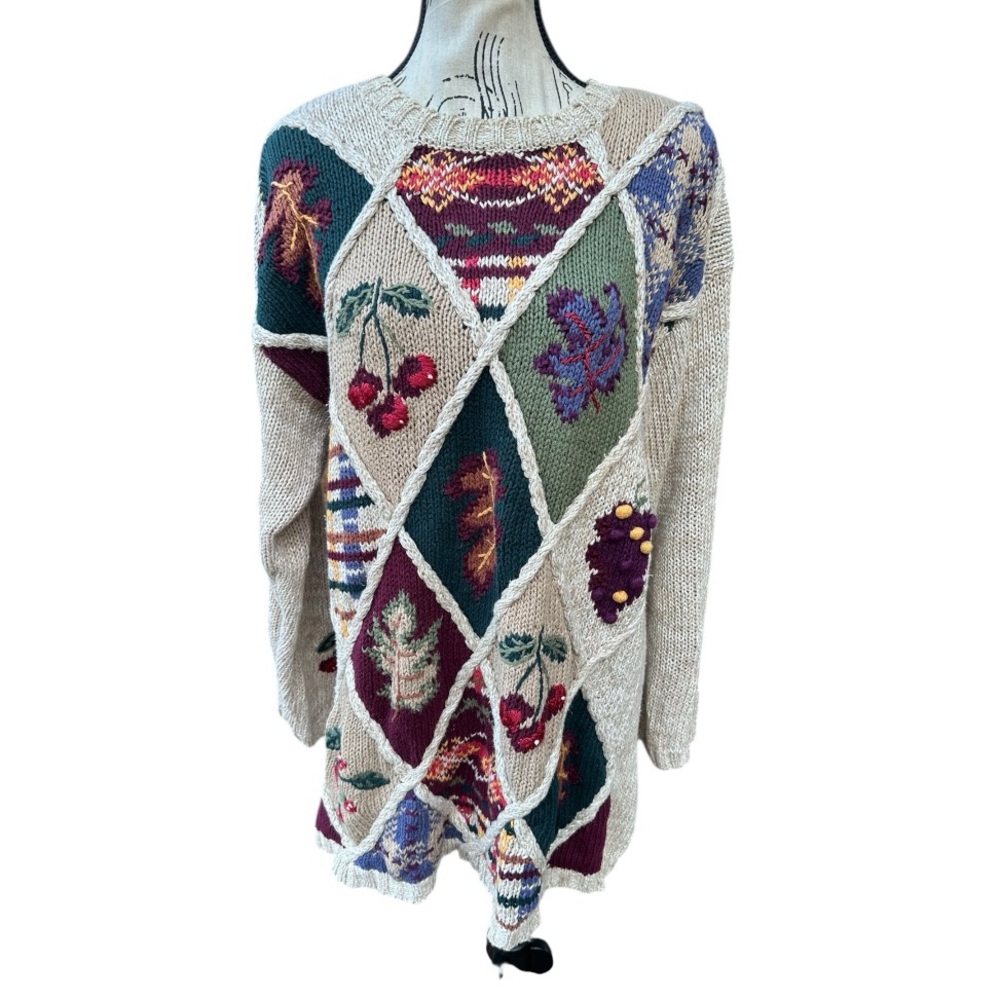 Vintage White Stag Patchwork Knit Sweater Folk Art Cottagecore M Longline Winter
